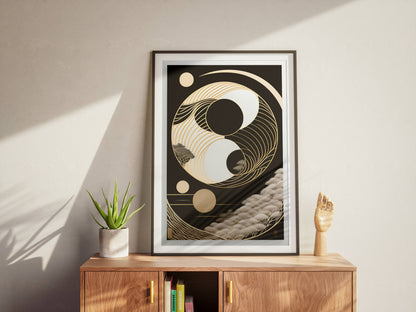"Elegant gold wave Yin-Yang design symbolizing balance and harmony – luxury digital wall art download"
