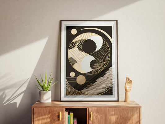 "Elegant gold wave Yin-Yang design symbolizing balance and harmony – luxury digital wall art download"