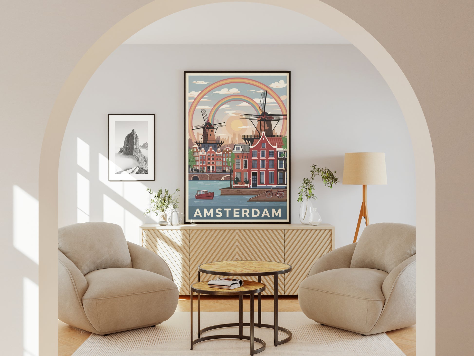 "Vintage Amsterdam cityscape with charming Dutch canals and windmills illustration – printable wall art download"