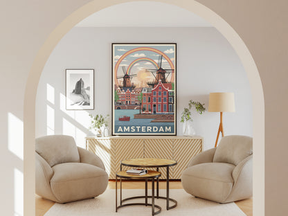 "Vintage Amsterdam cityscape with charming Dutch canals and windmills illustration – printable wall art download"