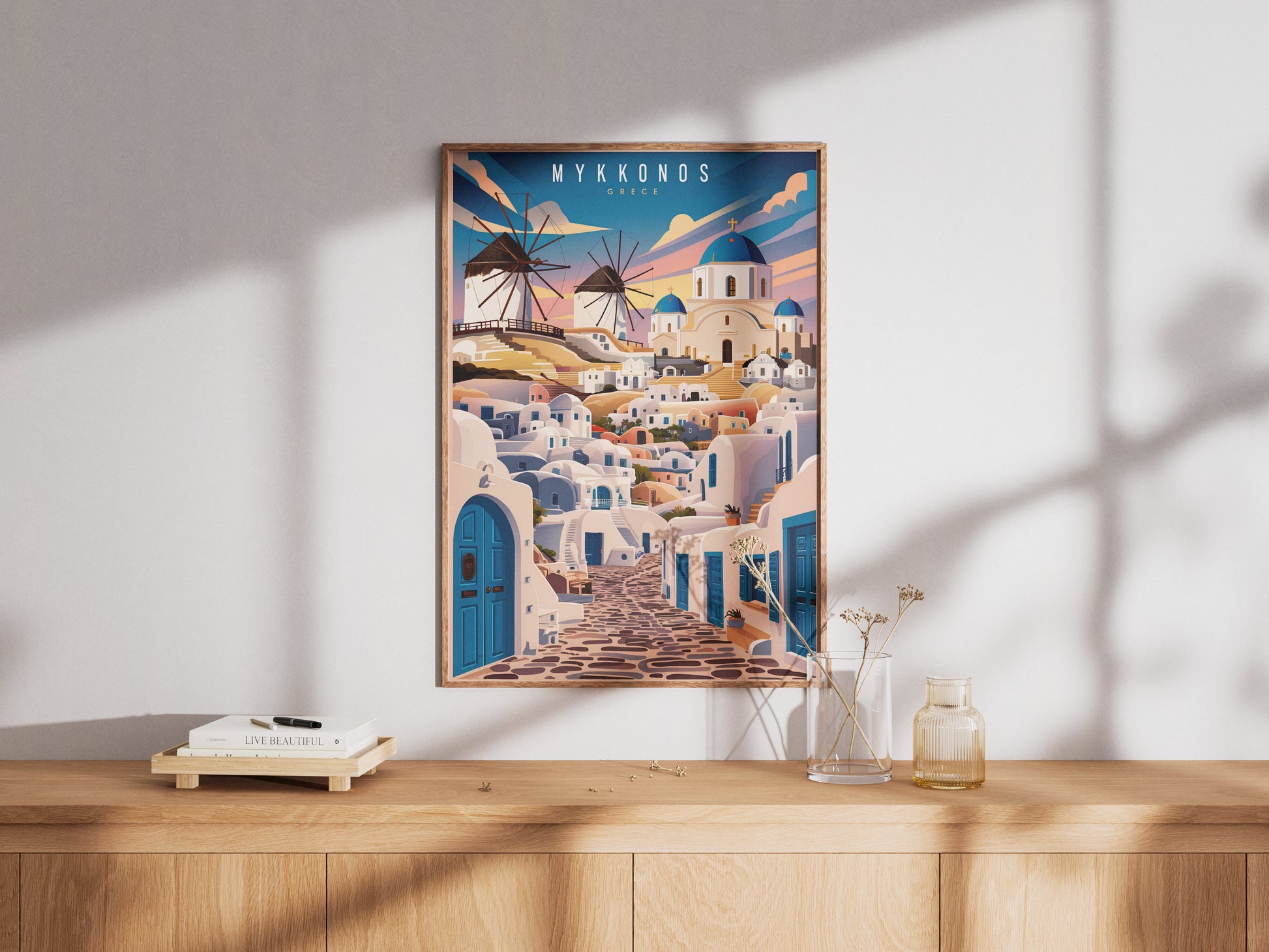 "Iconic windmills and blue domes in Mykonos, Greece – Mediterranean travel wall art download"