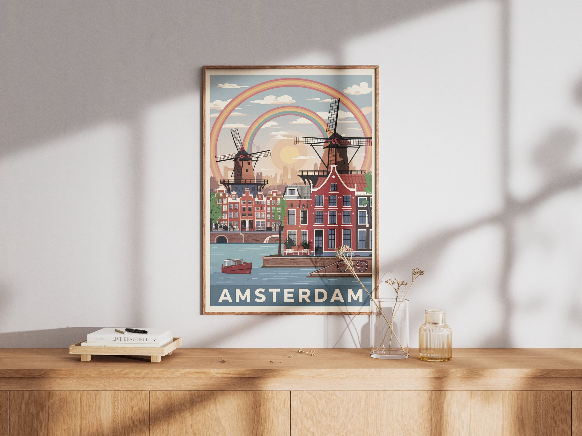 "Vintage Amsterdam cityscape with charming Dutch canals and windmills illustration – printable wall art download"