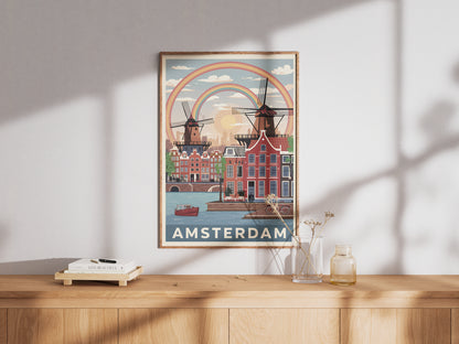"Vintage Amsterdam cityscape with charming Dutch canals and windmills illustration – printable wall art download"