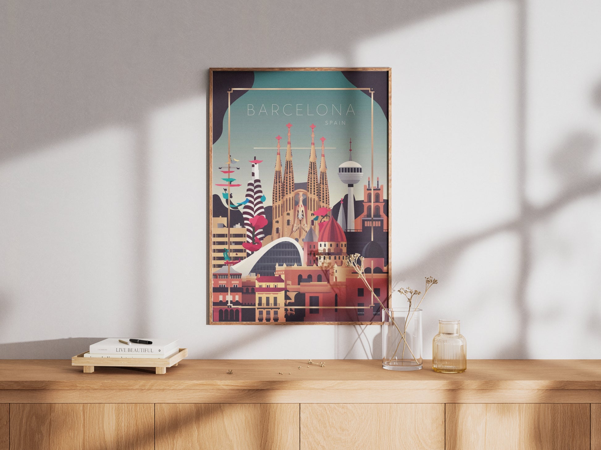 Sagrada Familia Barcelona travel poster – retro printable city wall art


