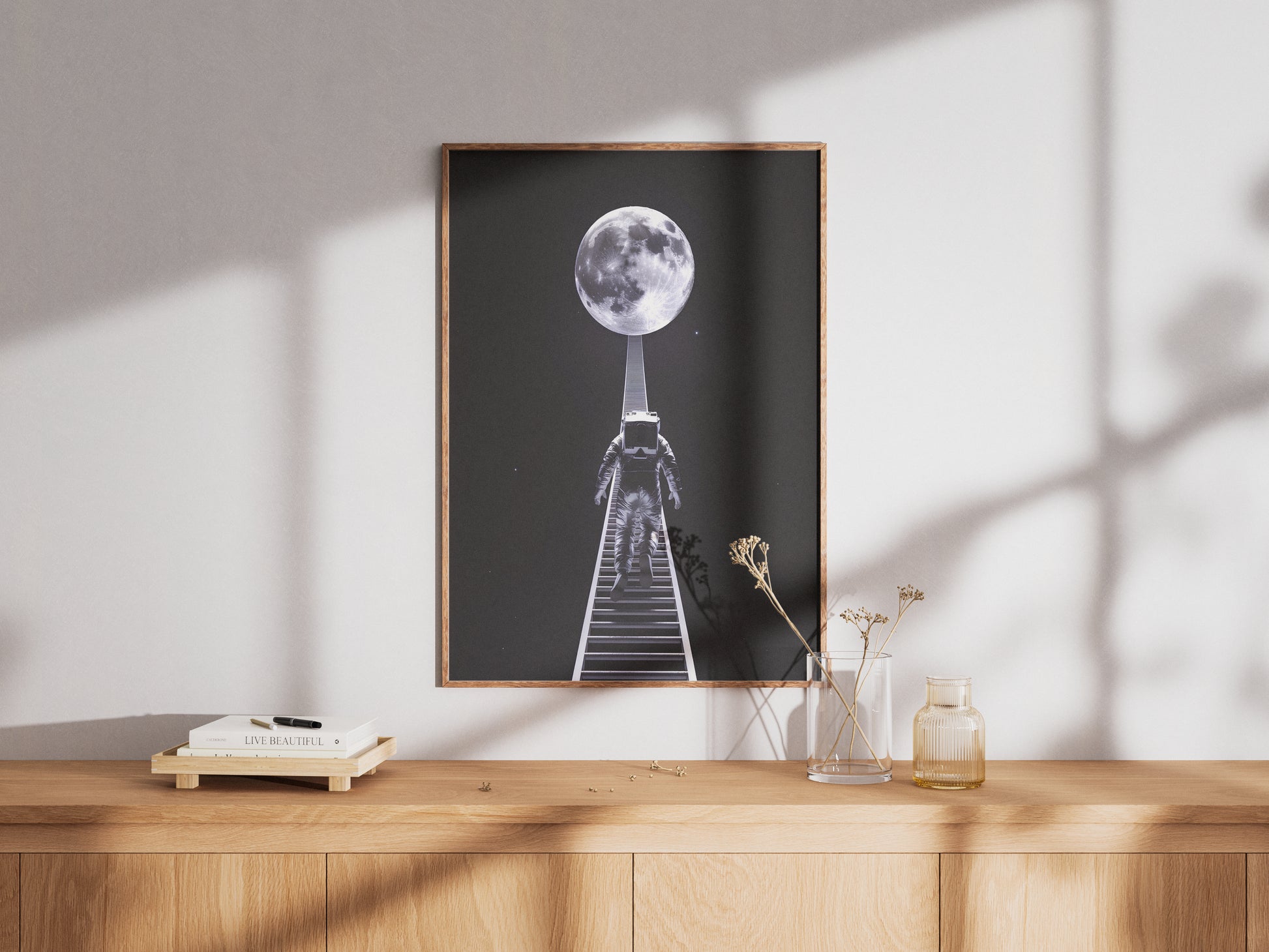 "Surreal astronaut journey to the Moon – digital space wall art poster download"