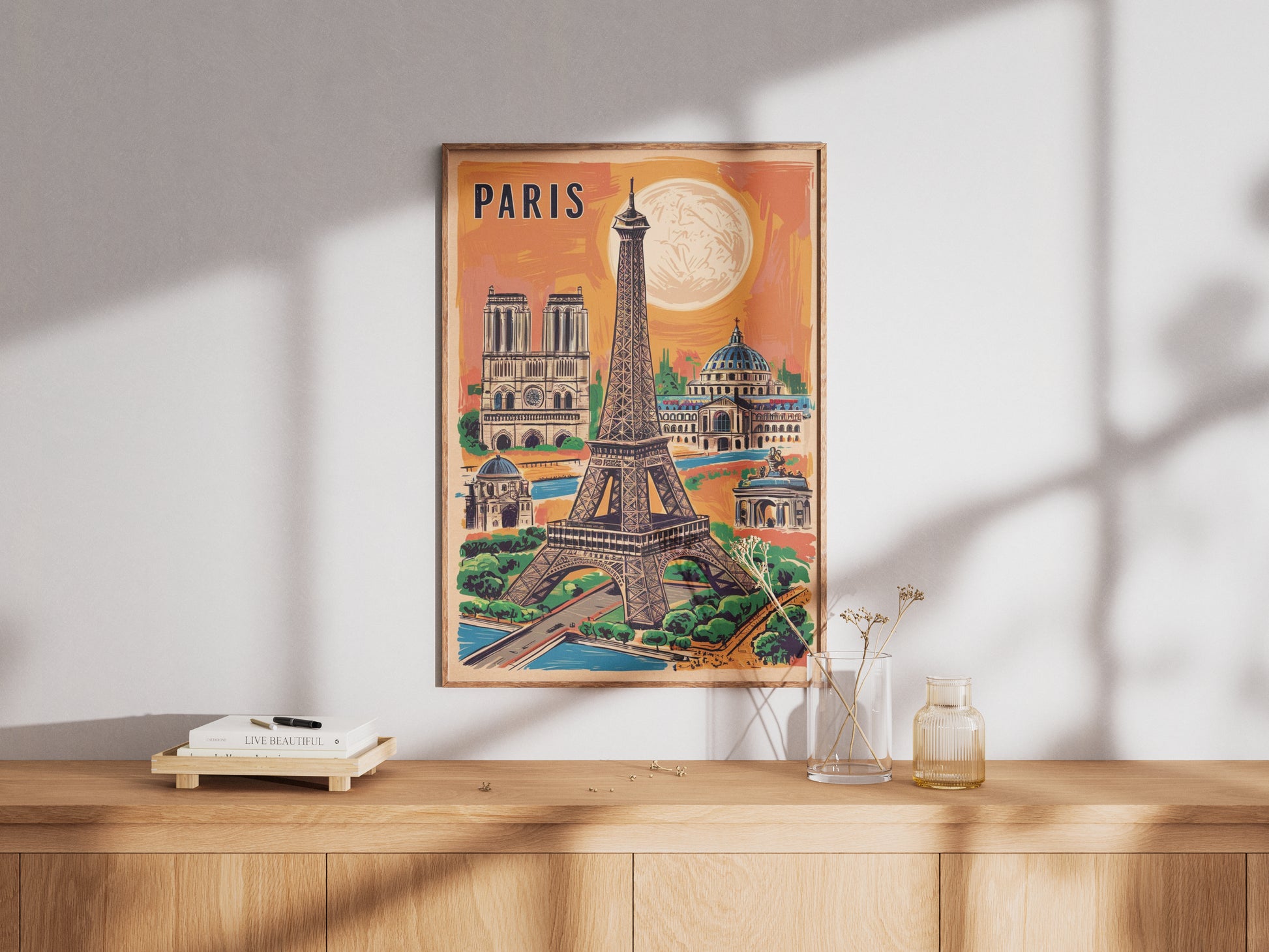 Paris travel wall art with Eiffel Tower and Notre-Dame – retro style printable


