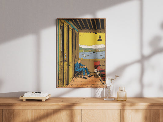 "Vintage pen-and-ink lakeside scene with a thoughtful man – digital wall art poster download"