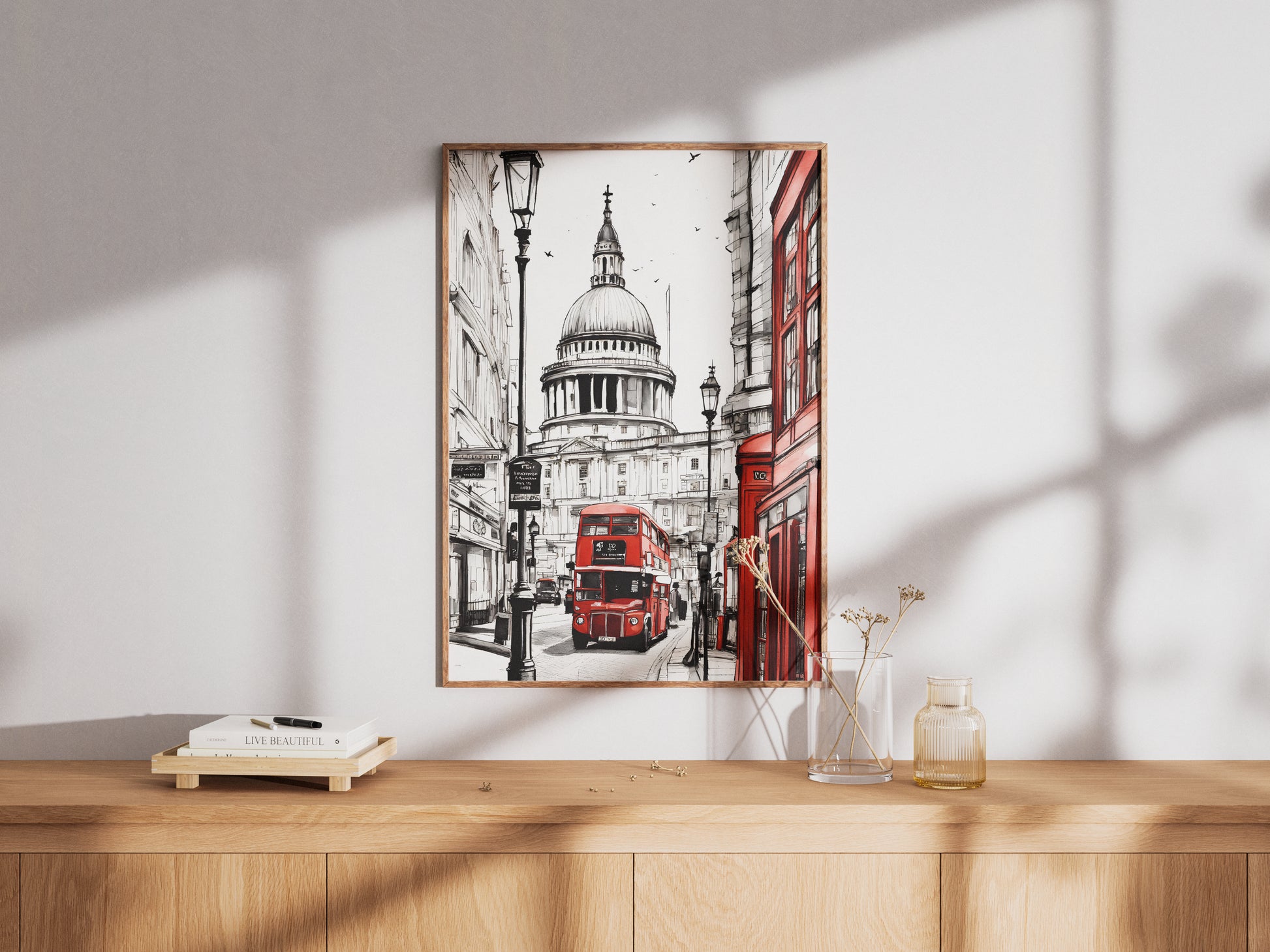 Retro London red bus digital poster – printable city wall art for travel lovers


