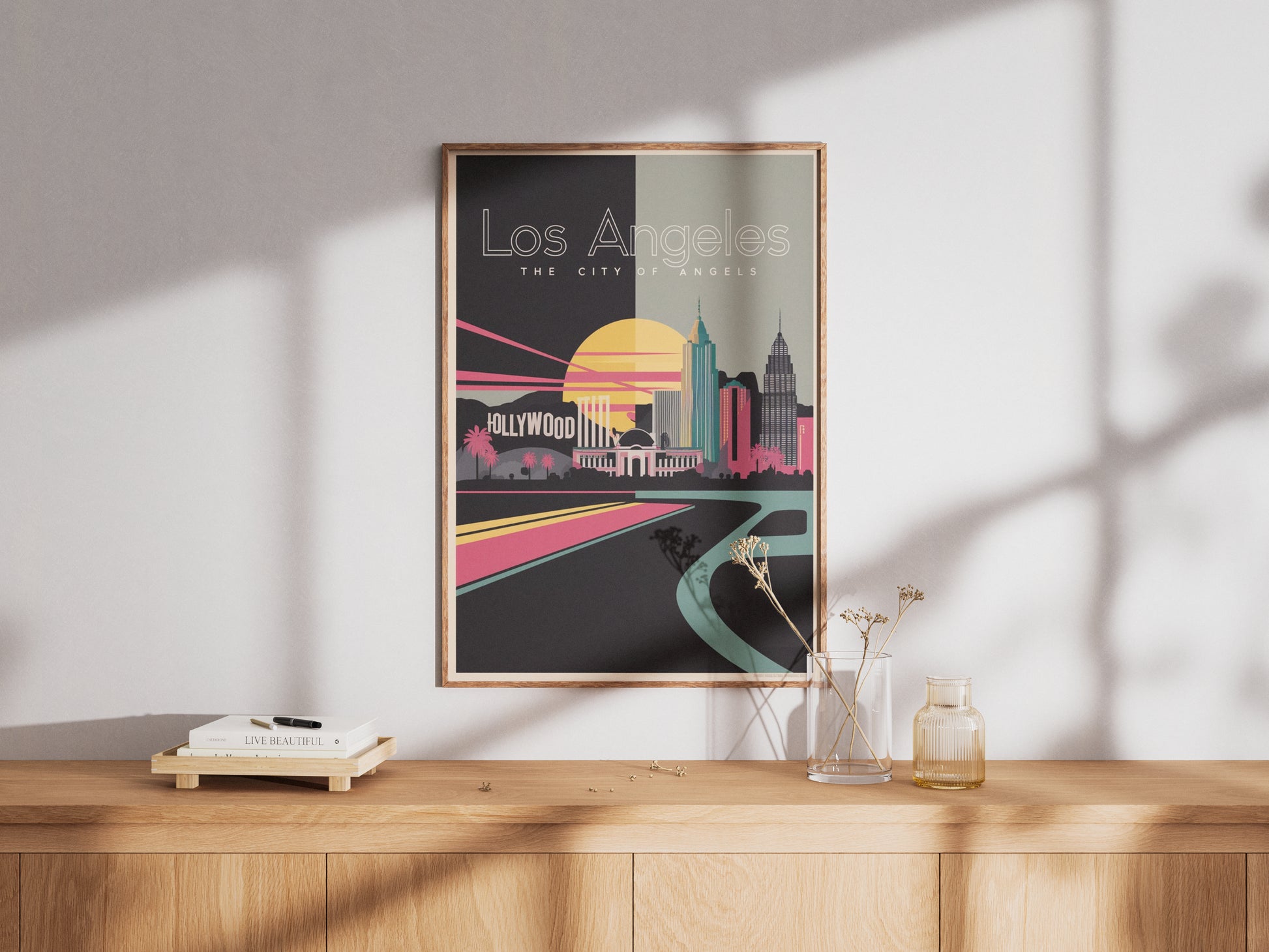 "Vibrant modern cityscape of Los Angeles – digital urban wall art poster download"
