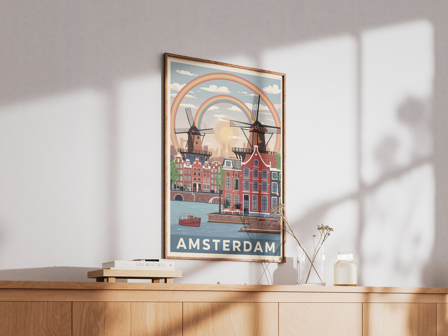 "Vintage Amsterdam cityscape with charming Dutch canals and windmills illustration – printable wall art download"