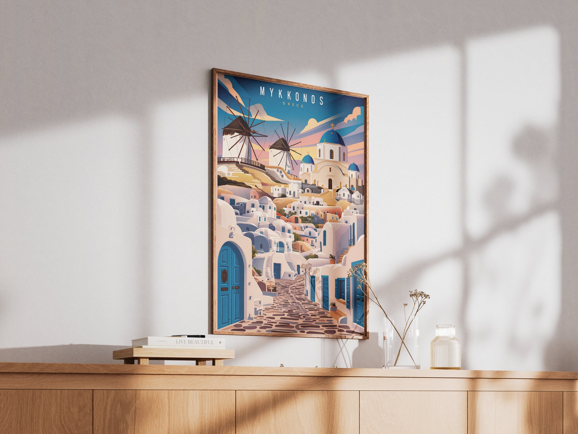 "Iconic windmills and blue domes in Mykonos, Greece – Mediterranean travel wall art download"