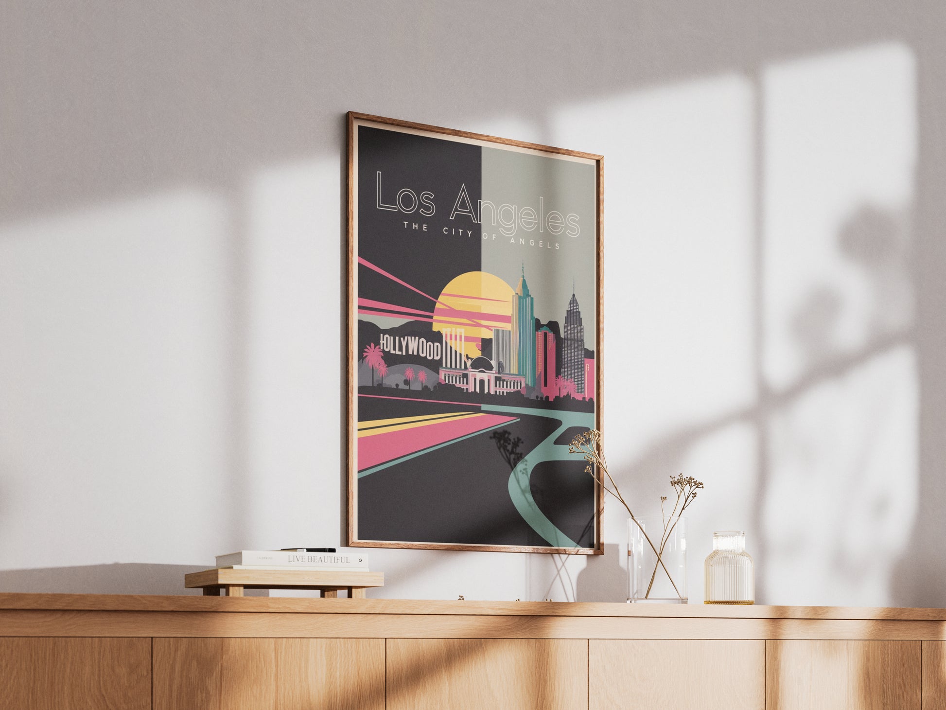 "Vibrant modern cityscape of Los Angeles – digital urban wall art poster download"