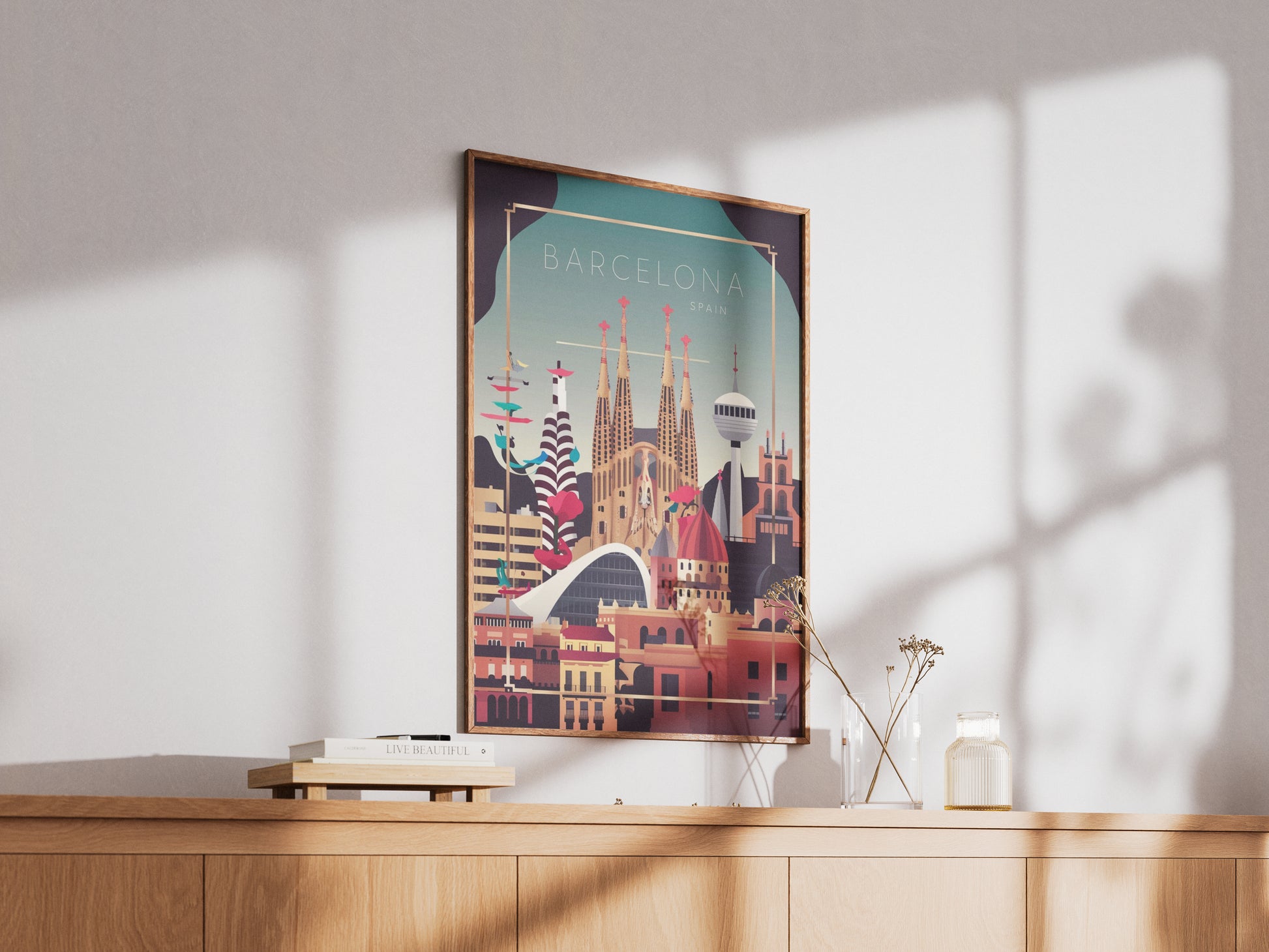 Sagrada Familia Barcelona travel poster – retro printable city wall art


