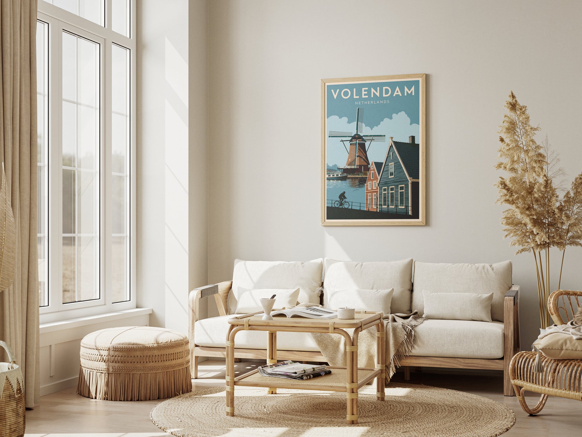 "Iconic Dutch windmills in Volendam, Netherlands – wall art poster for home and office decor"