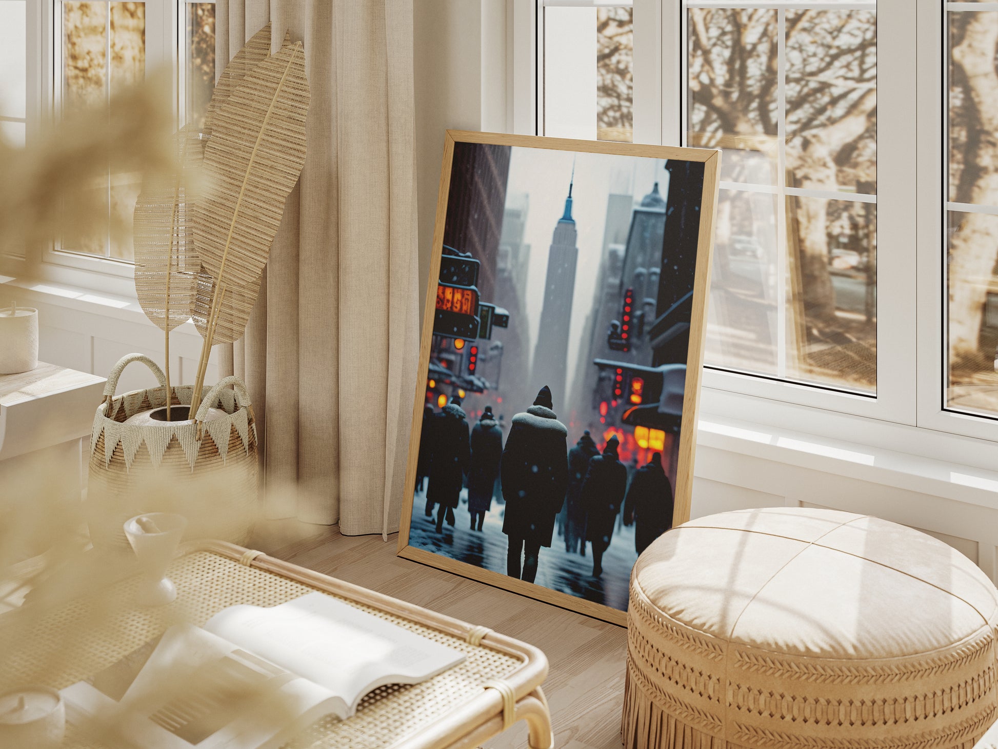 "Magical snowy winter street scene in New York City – holiday decor wall art download"