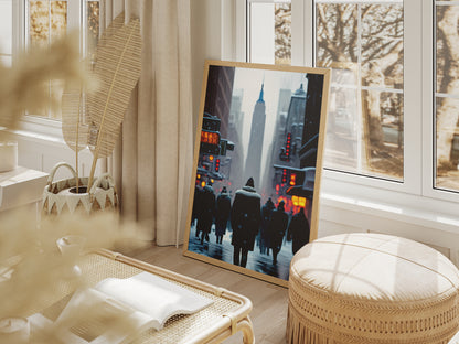 "Magical snowy winter street scene in New York City – holiday decor wall art download"