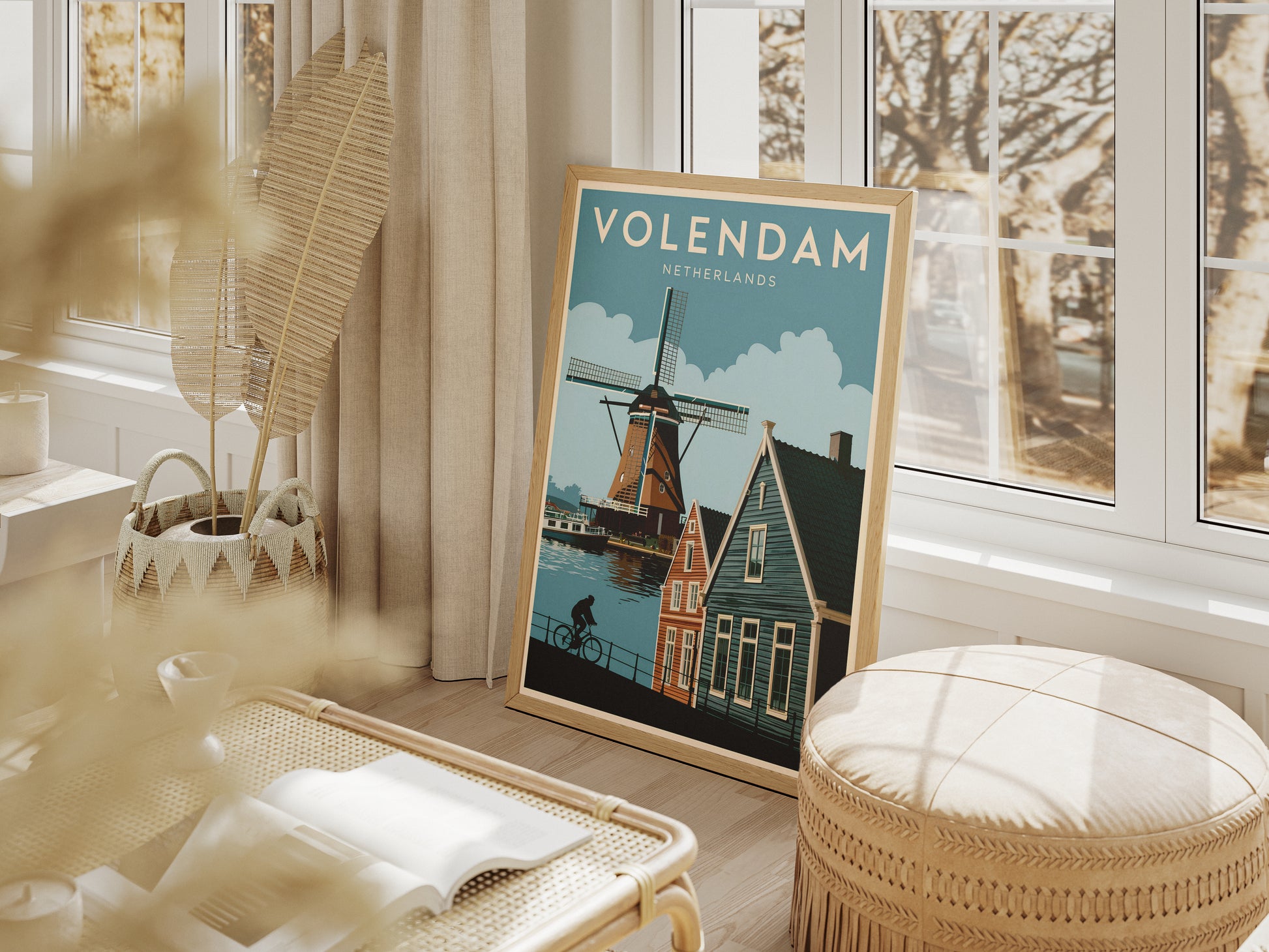 "Iconic Dutch windmills in Volendam, Netherlands – wall art poster for home and office decor"