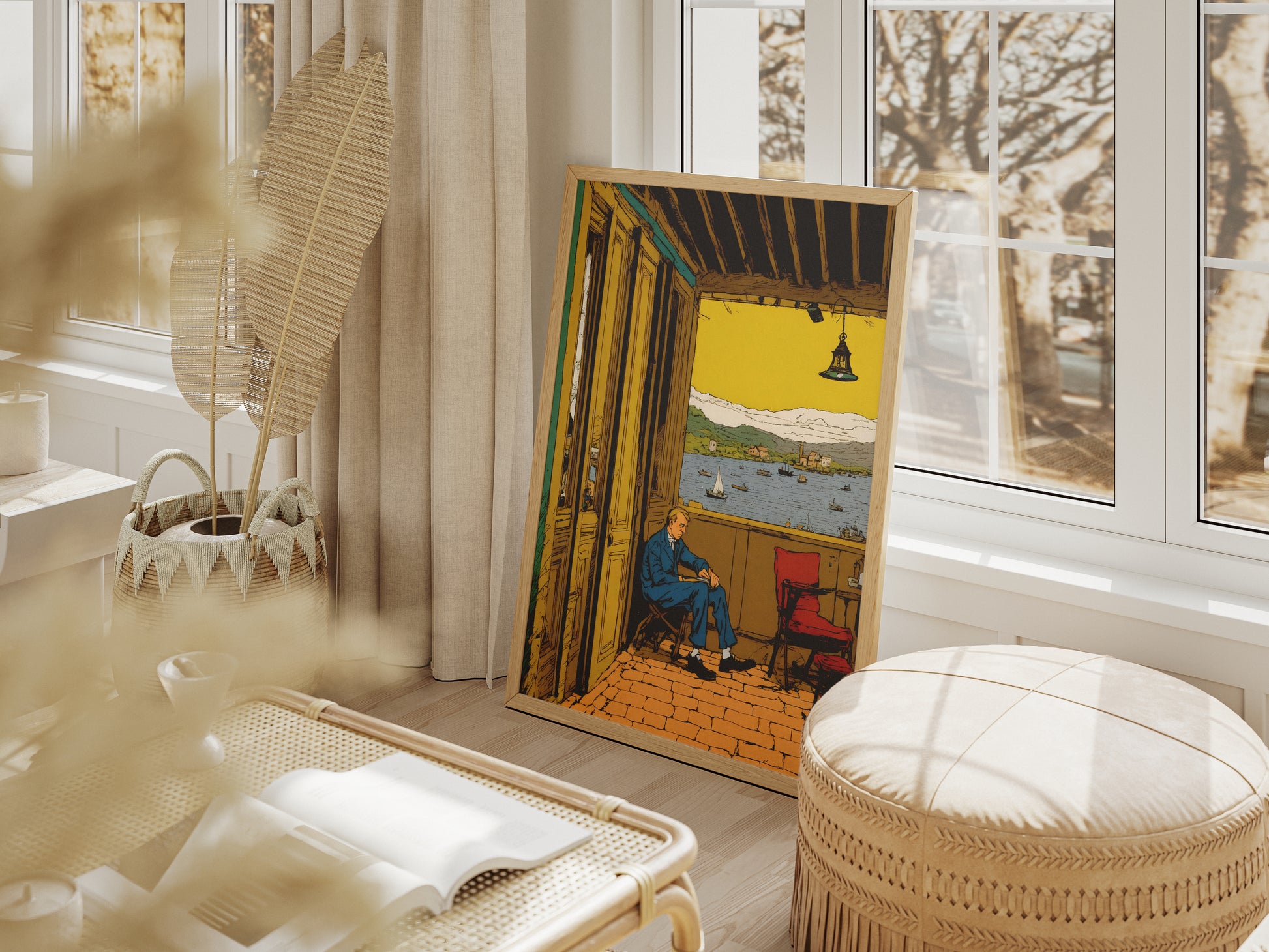 "Vintage pen-and-ink lakeside scene with a thoughtful man – digital wall art poster download"