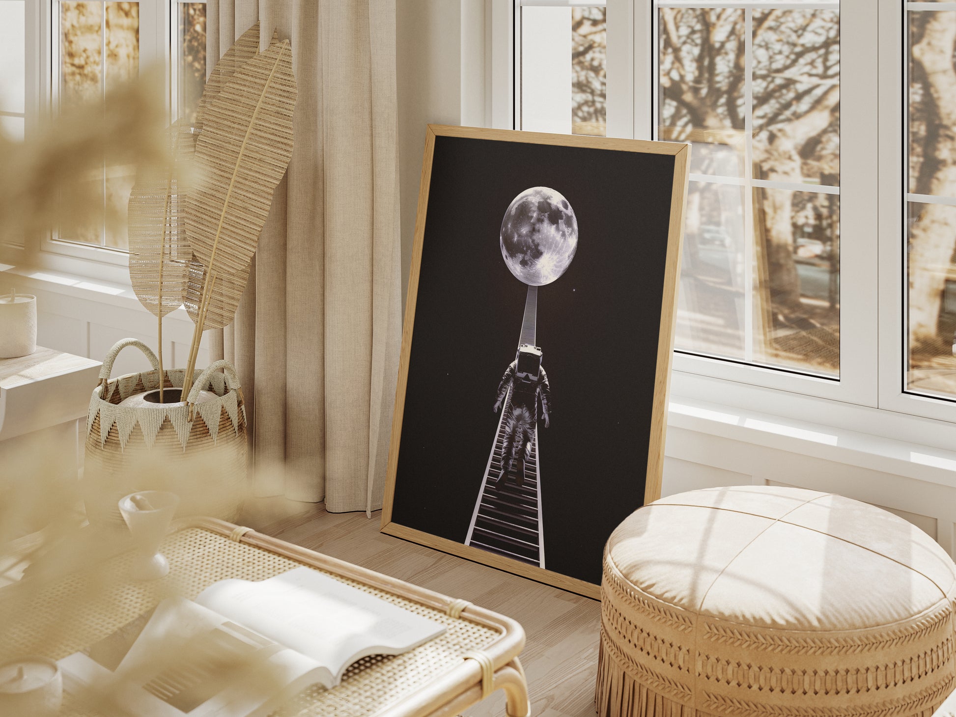 "Surreal astronaut journey to the Moon – digital space wall art poster download"