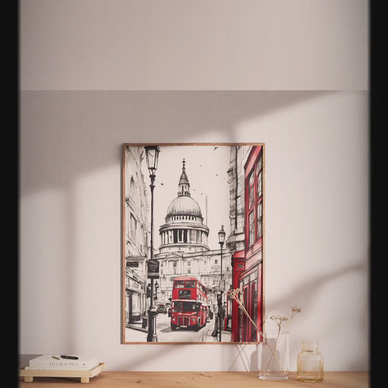 Retro London red bus digital poster – printable city wall art for travel lovers


