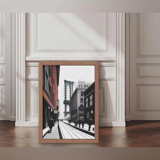 "Manhattan Bridge line art poster – iconic Brooklyn street illustration, minimalist digital PDF wall art download"

