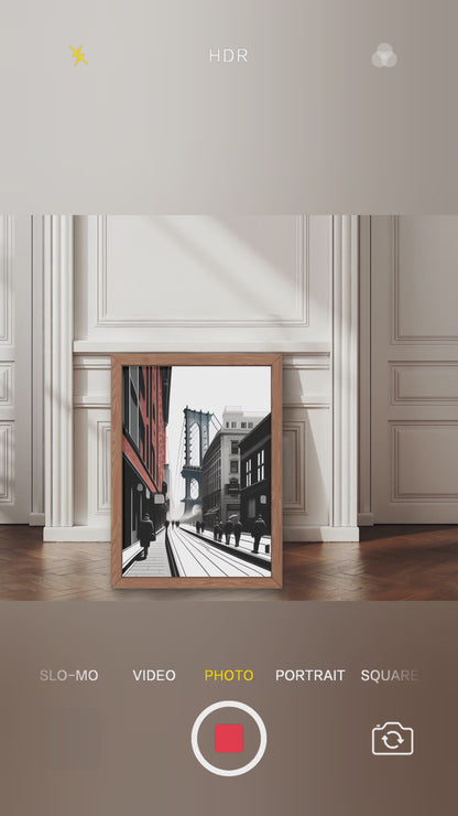 "Manhattan Bridge line art poster – iconic Brooklyn street illustration, minimalist digital PDF wall art download"

