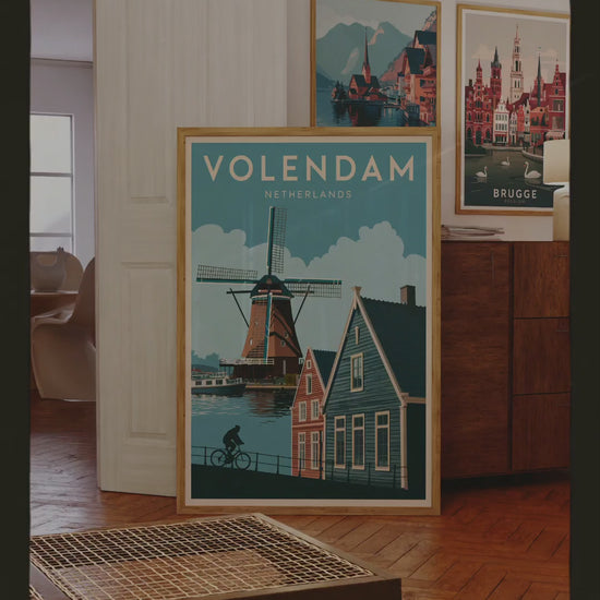 "Iconic Dutch windmills in Volendam, Netherlands – wall art poster for home and office decor"