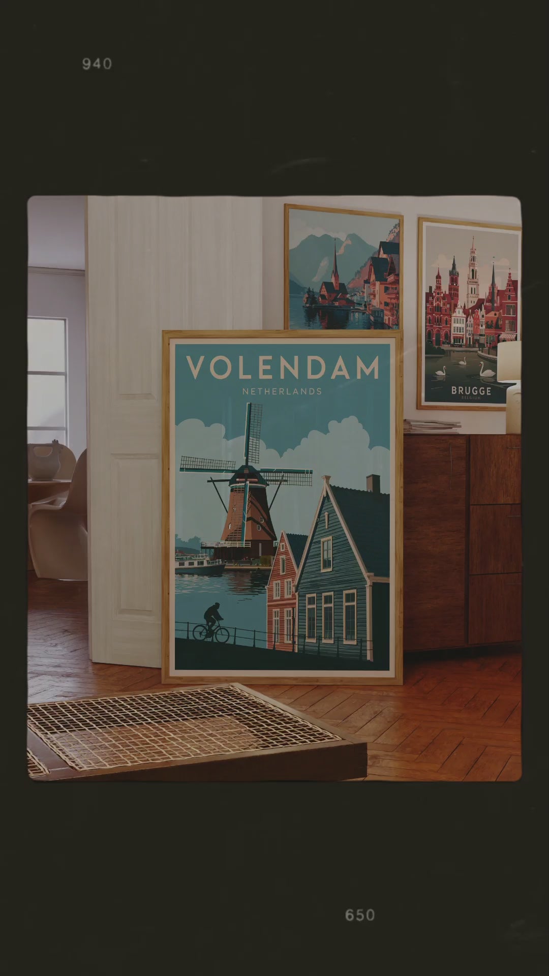 "Iconic Dutch windmills in Volendam, Netherlands – wall art poster for home and office decor"